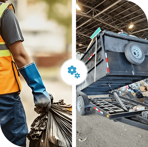 Worker collecting trash, truck unloading waste.