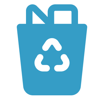 Blue recycle bin icon with black background.